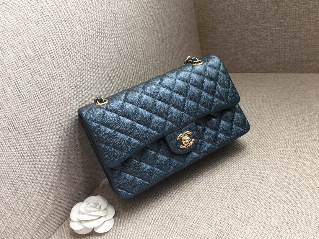 Medium Classic Flap Caviar Bag A01112 Dark Blue/Gold